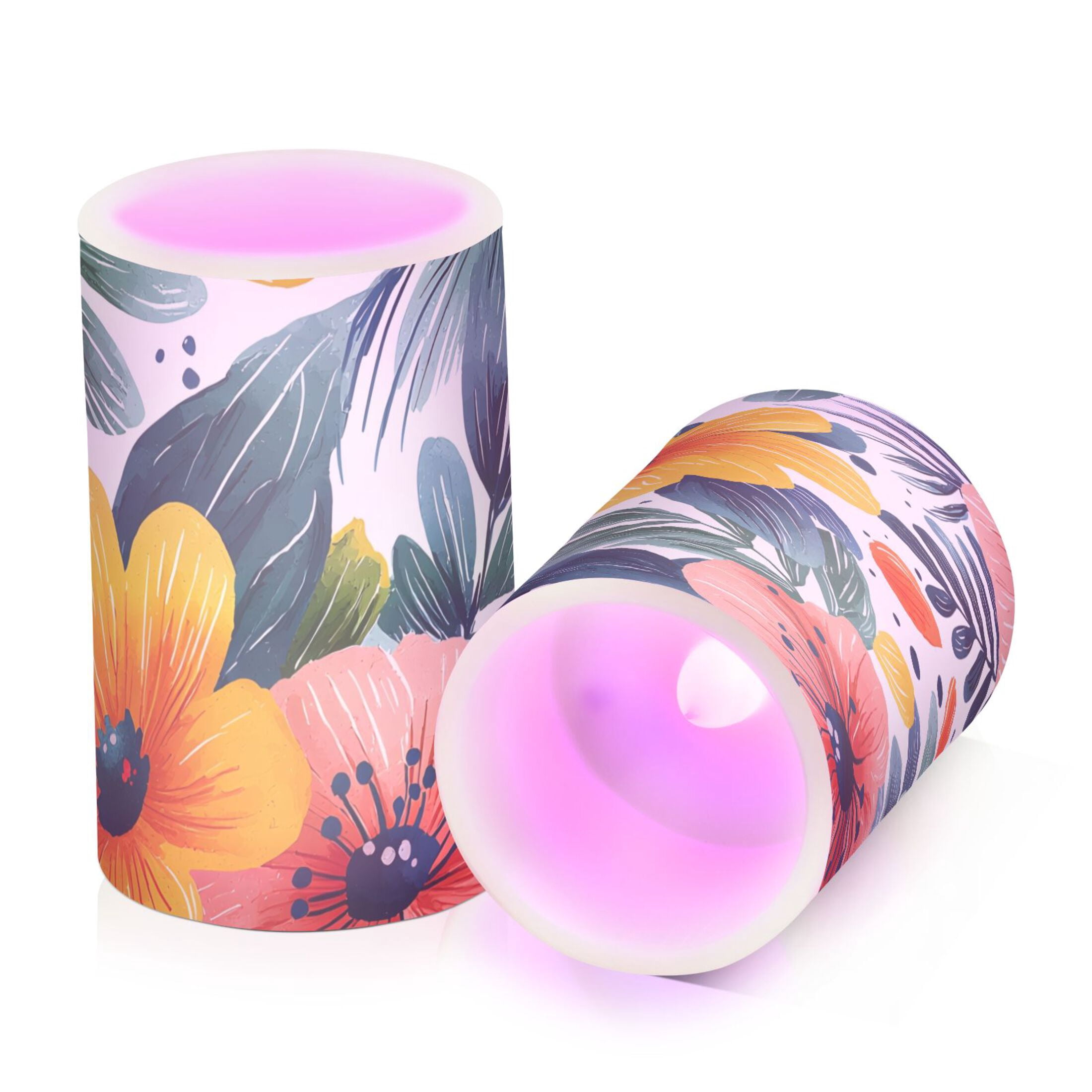 Tropical Flower Flickering Flameless Candles Battery Operated with Remote Timer LED Pillar Candles Set of 2