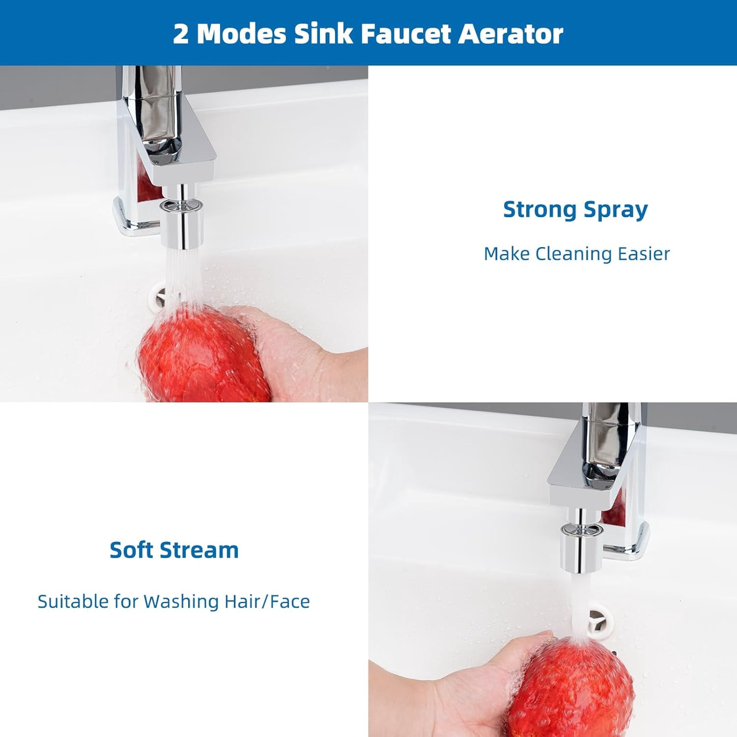 NSF/ANSI/CAN 61 Certified Faucet Aerator, cUPC Certification 360° Swivel Faucet Extender, Dual-function Sink Aerator, Kitchen Faucet Sprayer Attachment, 55/64” Female Thread, Chrome
