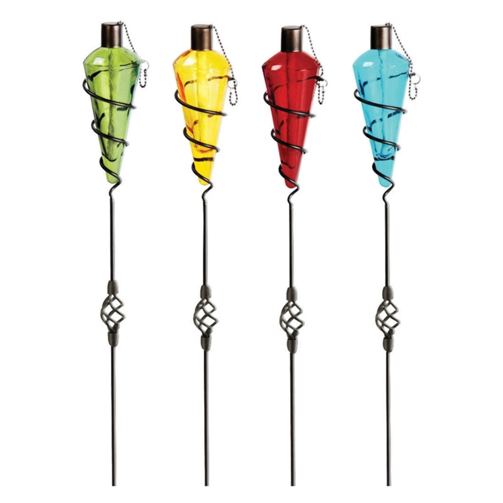 PSW Torches Assorted Color Outdoor Glass Tiki Torch Light with Metal Stand Set of 4