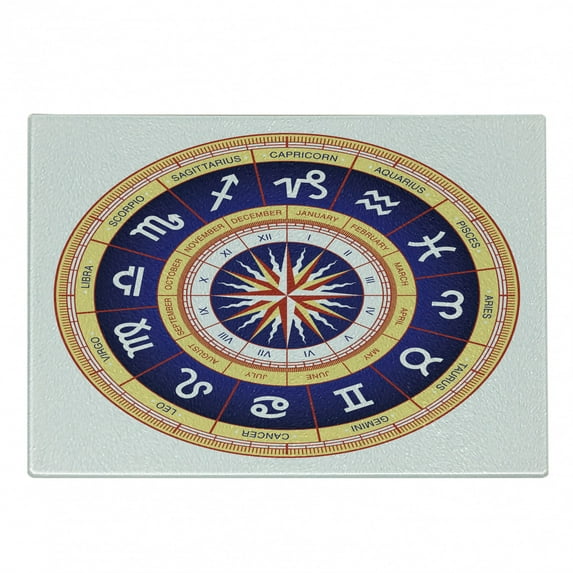 Astrology Cutting Board, Astrological Wheel Cancer Leo Virgo Libra Scorpio Image, Decorative Tempered Glass Cutting and Serving Board, Small Size, Navy Blue Yellow, by Ambesonne