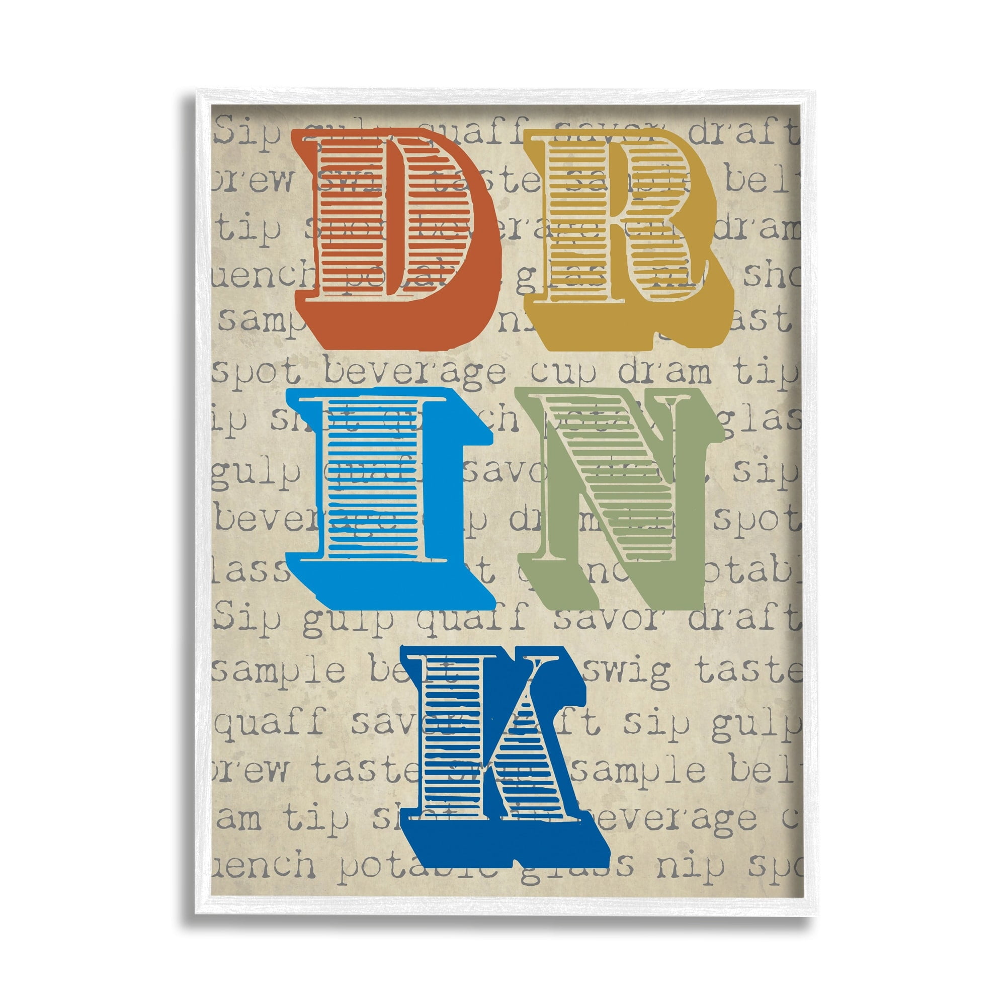 Stupell Industries Drink Antique Stamp Style Typography Kitchen Words Graphic Art White Framed Art Print Wall Art, Design by Graffitee Studios