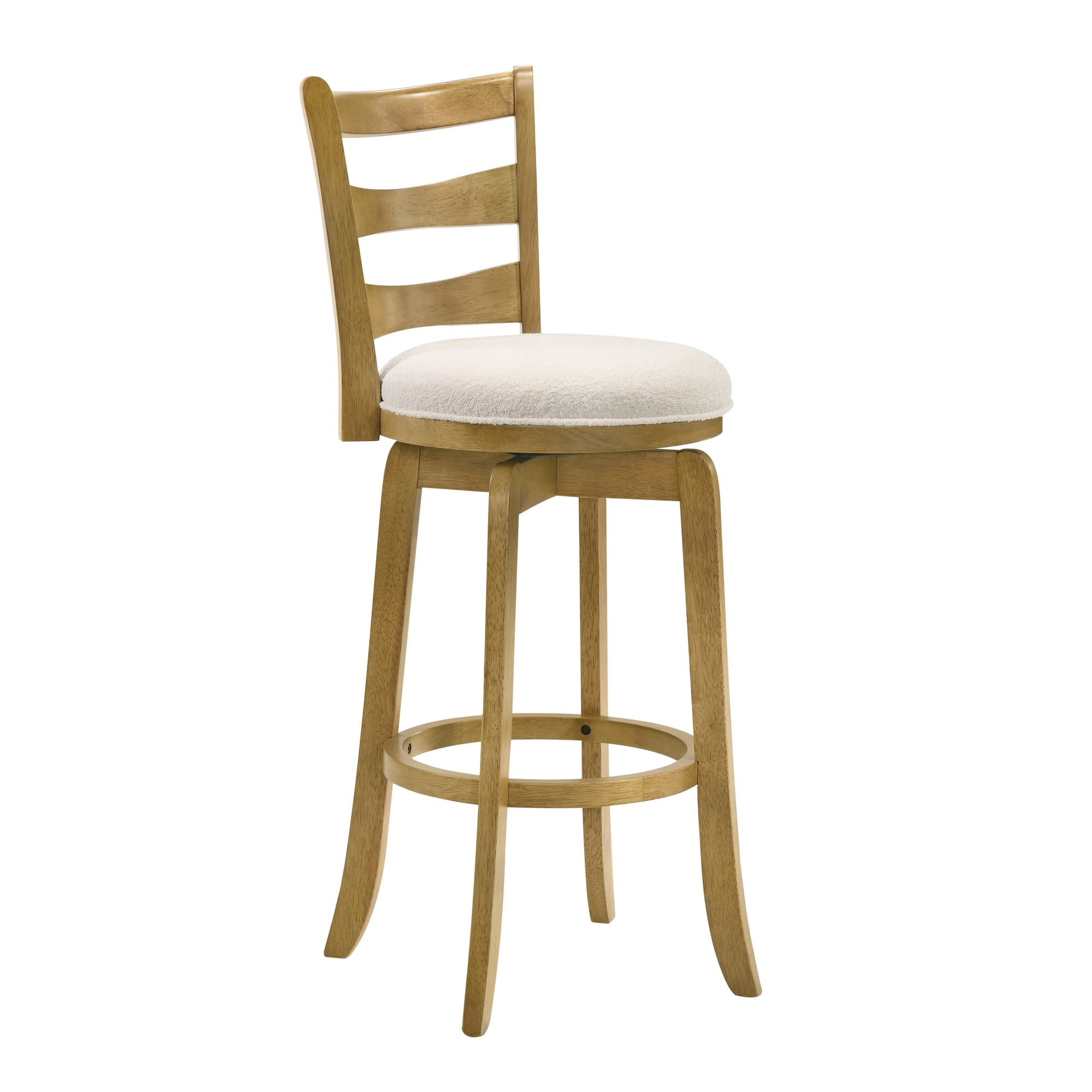 Melindra Modern Farmhouse Swivel Wood Bar Height Kitchen Bar Stool in Amber Glow Finish with White Boucle Fabric Upholstered Seat