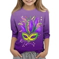 thumbnail image 2 of Riecok Mardi Gras Outfits for Kids Masquerade Mask Sparkly Sequins Print 3/4 Sleeve Crew Neck Fashion Mardi Gras Shirts for Kids Mardi Gras Clothing 4 T Purple, 2 of 5