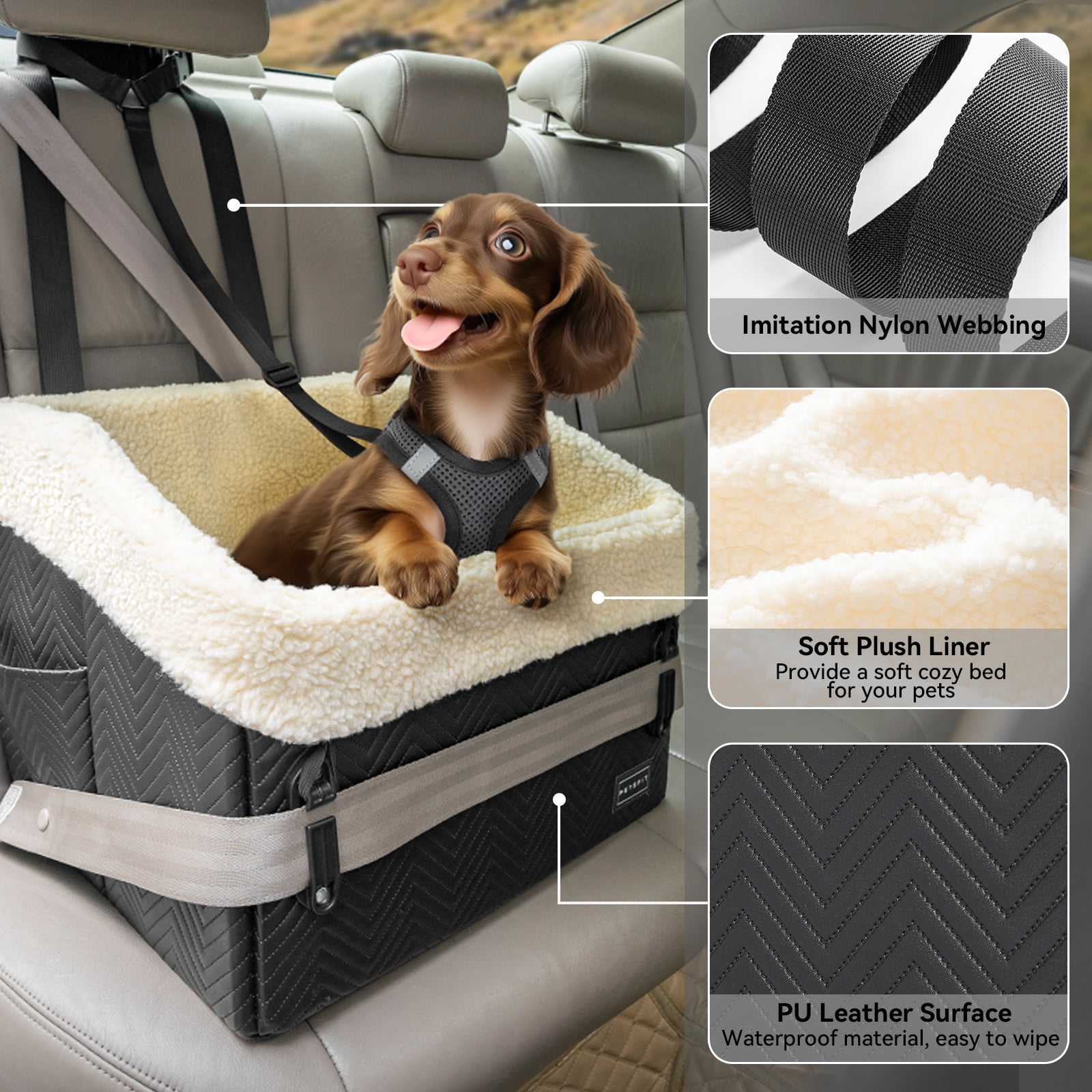 PETSFIT Small Dog Car Seat,Waterproof PU Leather Booster Seat for Small Dogs,Patent Safe Buckles, 30 lb Limit, Black