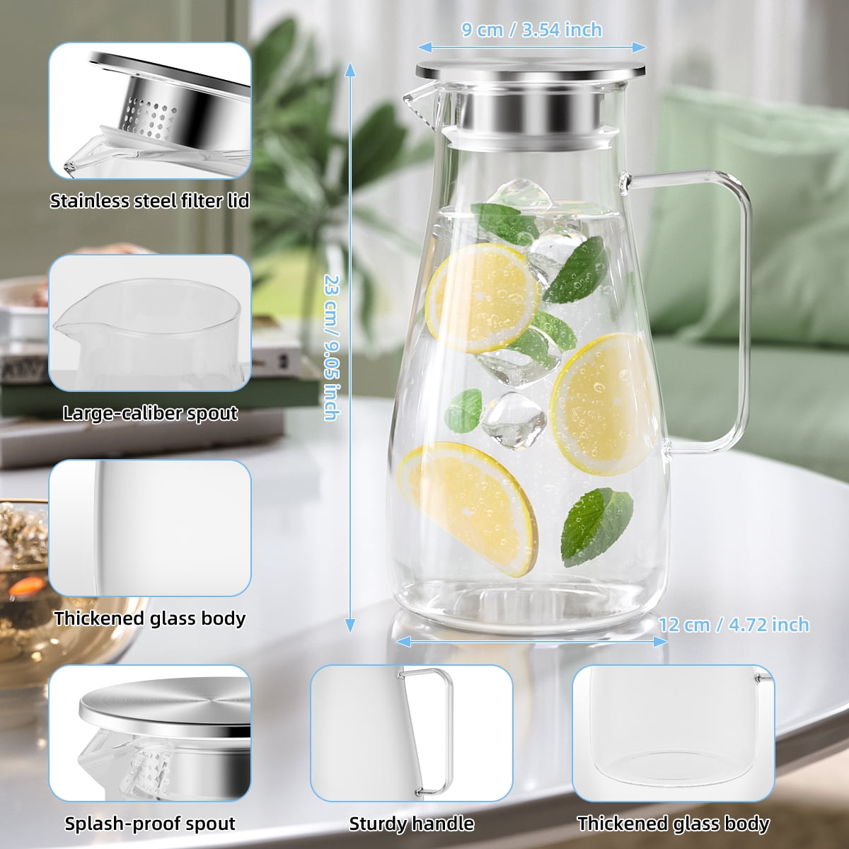 64 oz Glass Pitcher with Lid and Spout, 1.8L Heat & Cold Resistant Glass Water Carafe with Handle for Hot/Cold Water, Easy to Clean Large Drink Pitcher for Cold and Hot Beverage