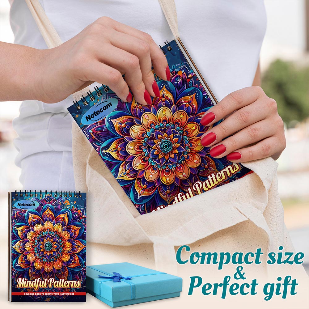 Netecom Mindful Patterns Coloring Book Spiral Bound For Adults, A5 Wooden Cover, 30 Gentle Coloring Pages in Flowing and Organic Designs for Stress Relief and Relaxation