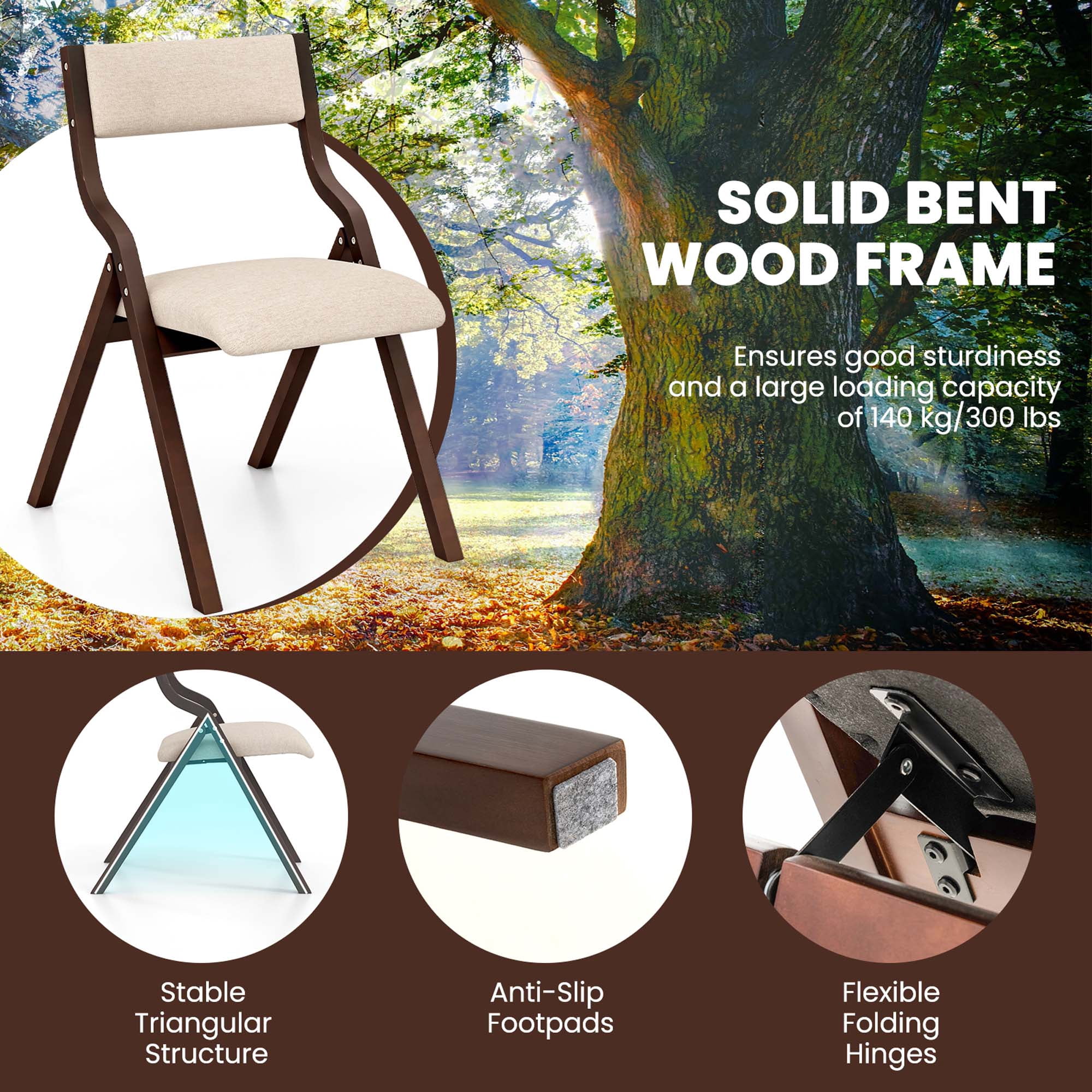 Costway Folding Dining Chair Set of 2 Wooden Upholstered Modern Linen Fabric Padded Seat