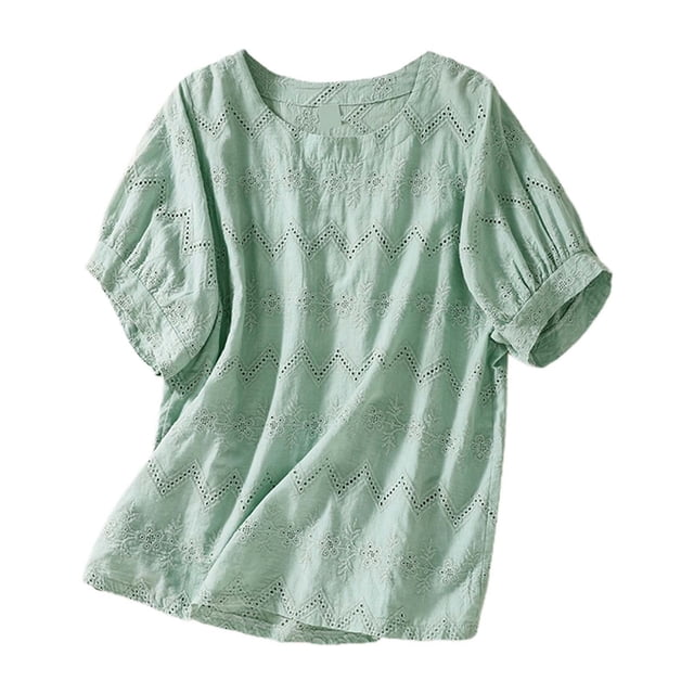 Blouse pour Femmes Chemise en Lin Respirante d'Été Décontractée Couleur Unie Ajourée Rou