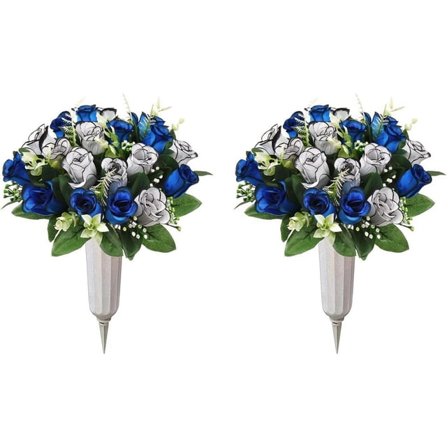 Flores artificiales para cementerio, juego de 2 rosas para decoración de tumbas, ramo conmemorativo para lápidas con jarrón para arreglos funerarios.