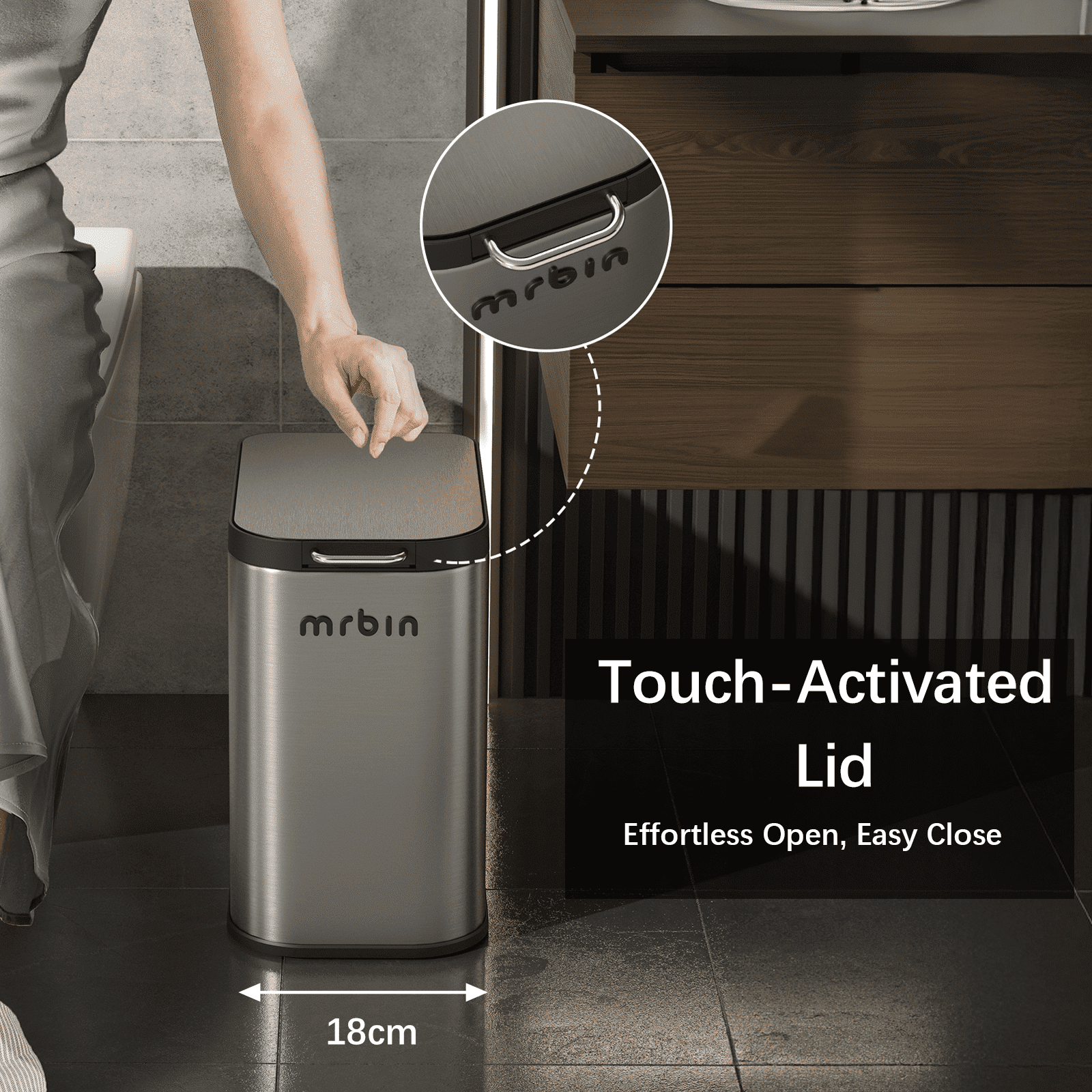 Mrbin Stainless Steel Bathroom Trash Can with Press Top Lid, 9L / 2.4gal Small Slim Metal Toilet Waste Basket for Narrow Bedroom, Kitchen, Vanity, Eclipse-Grey