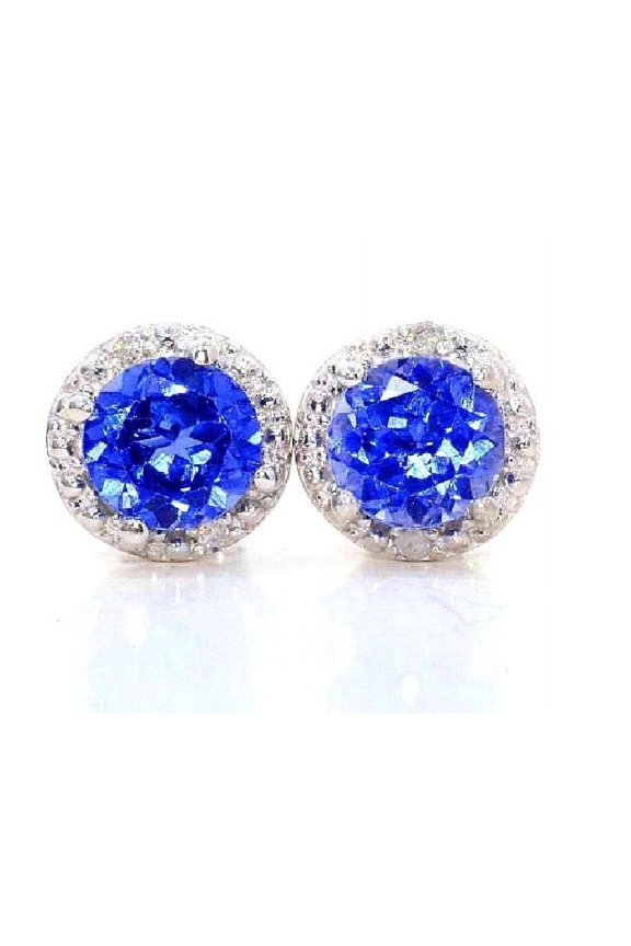 2 Ct Blue Sapphire & Diamond Round Stud Earrings 14Kt White Gold
