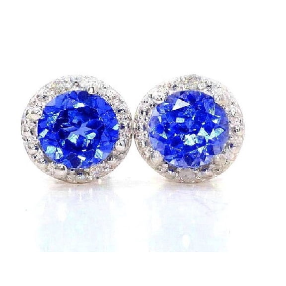 2 Ct Blue Sapphire & Diamond Round Stud Earrings 14Kt White Gold