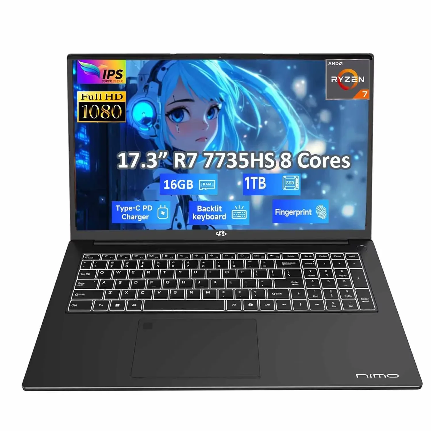 17.3" FHD Gaming Business Laptop, AMD Ryzen 7 7735HS (8C/16T, Beats i7-12650H) 16GB DDR5 RAM 1TB SSD Computer with Radeon 680M, 100W Type-C, WiFi-6E, 75Wh Battery, Fingerprint, Backlit Keyboard