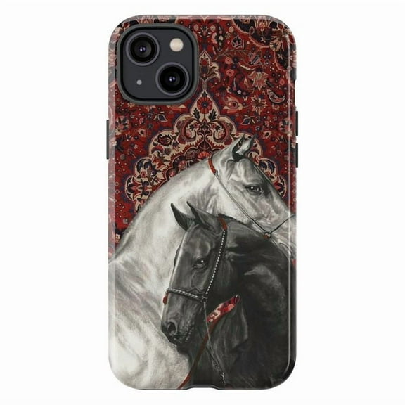 Black & White Horses Phone Case, Red Persian Rug Tapestry Art Cover for iPhone 17 16 15 14 13 12 11 Plus Pro Max Mini