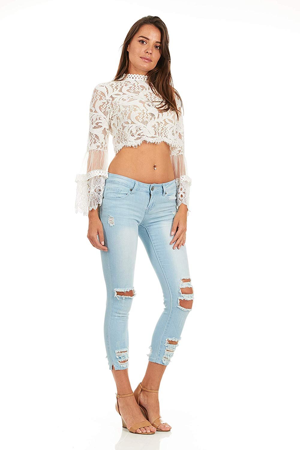 CG JEANS Plus Size Cute Juniors Big Mid Rise Large Ripped Torn Crop Skinny Fit, Sky Blue Denim, 20 - image 3 of 5