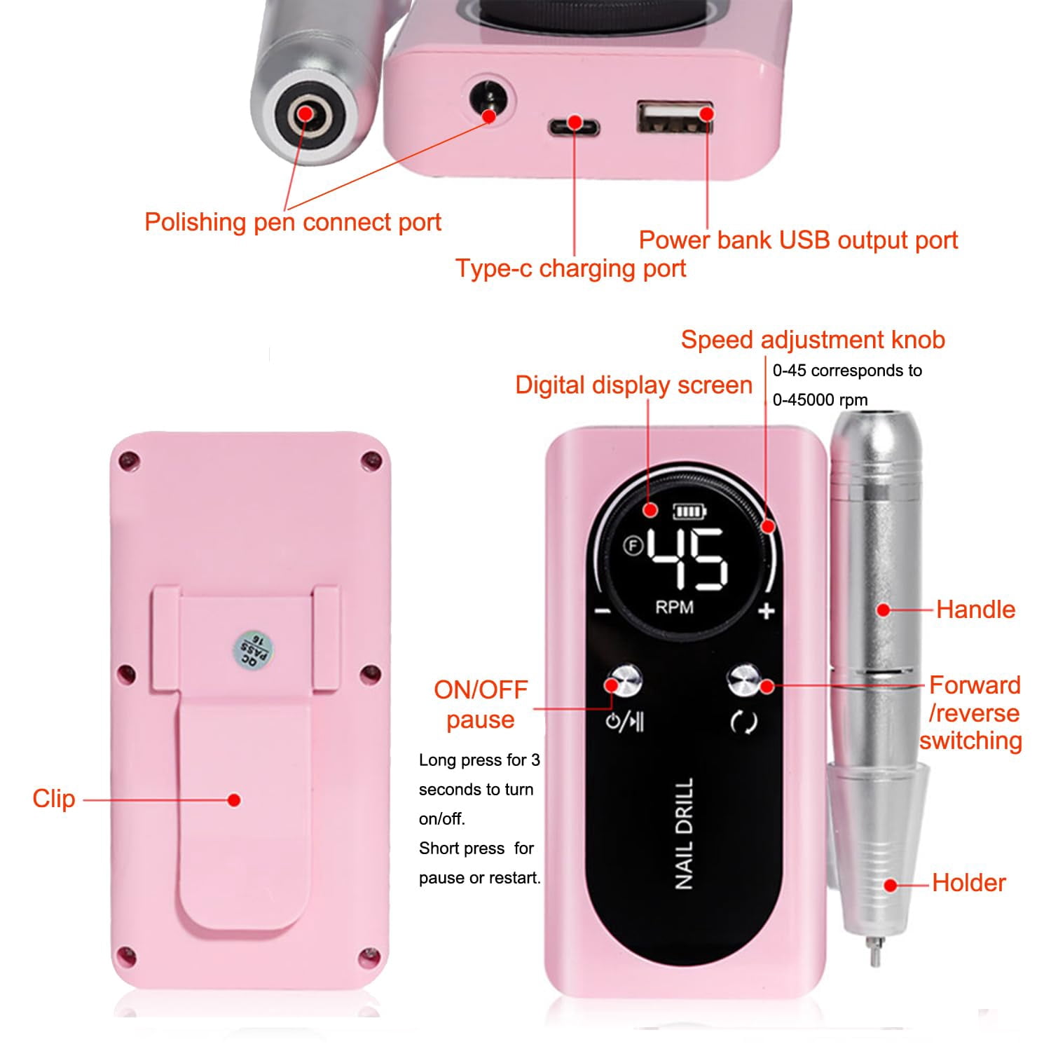 EOTVIA Portable Electric Nail Drill Manicure Pedicure Polishing Shape Tools for Nail Care Beauty Home Salon Use - 45000RPM, Pink