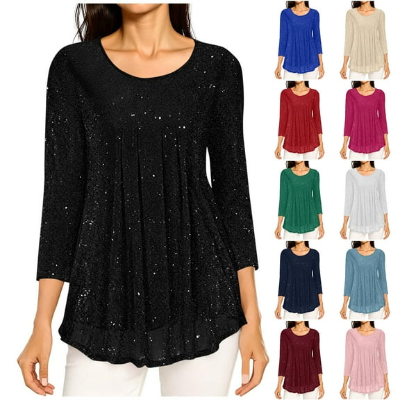 Otntypg 3/4 Sleeve Sparkly Tops for Women Dressy Casual Ruched Mesh Pleated Crew Neck Layered Flowy Tunic Blouse Loose Fit Glitter Cocktail Party Evening Shirts Red XL