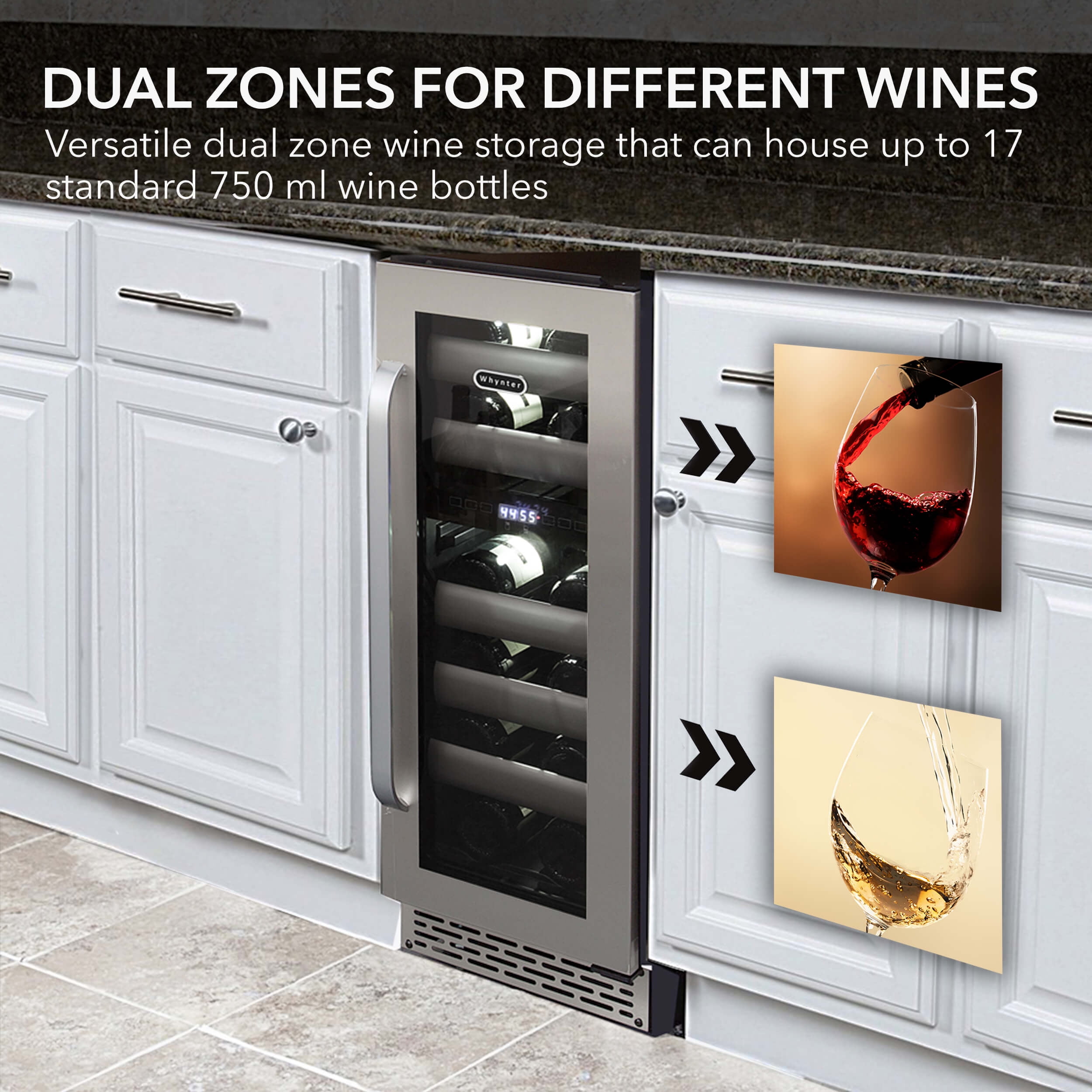 Whynter BWR-171DS Elite 12" 17 Bottle Seamless Stainless Steel Door Dual Zone Built-in Wine Refrigerator