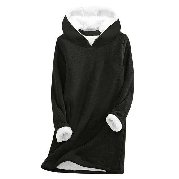 IROINNID Tunic Hoodie for Women Winter Warm Long Plush Sweatshirt Thickened Thermal Hooded Pullover Long Sleeve Solid Basic Tops,Black
