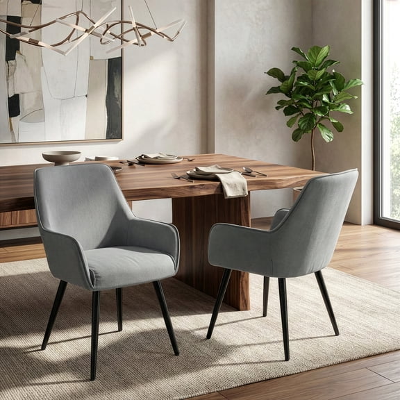 Set of 2 Amir Gray Dining Chair with Black Metal Legs and Square Arms