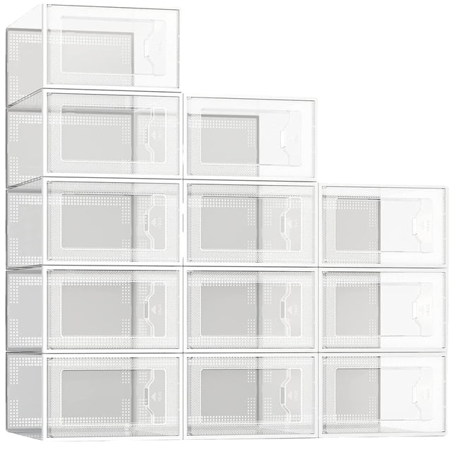 Paquete de 12 cajas de almacenamiento de zapatos, organizador de zapatos apilable de plástico transparente para armario, contenedores plegables para zapatos, ahorro de espacio