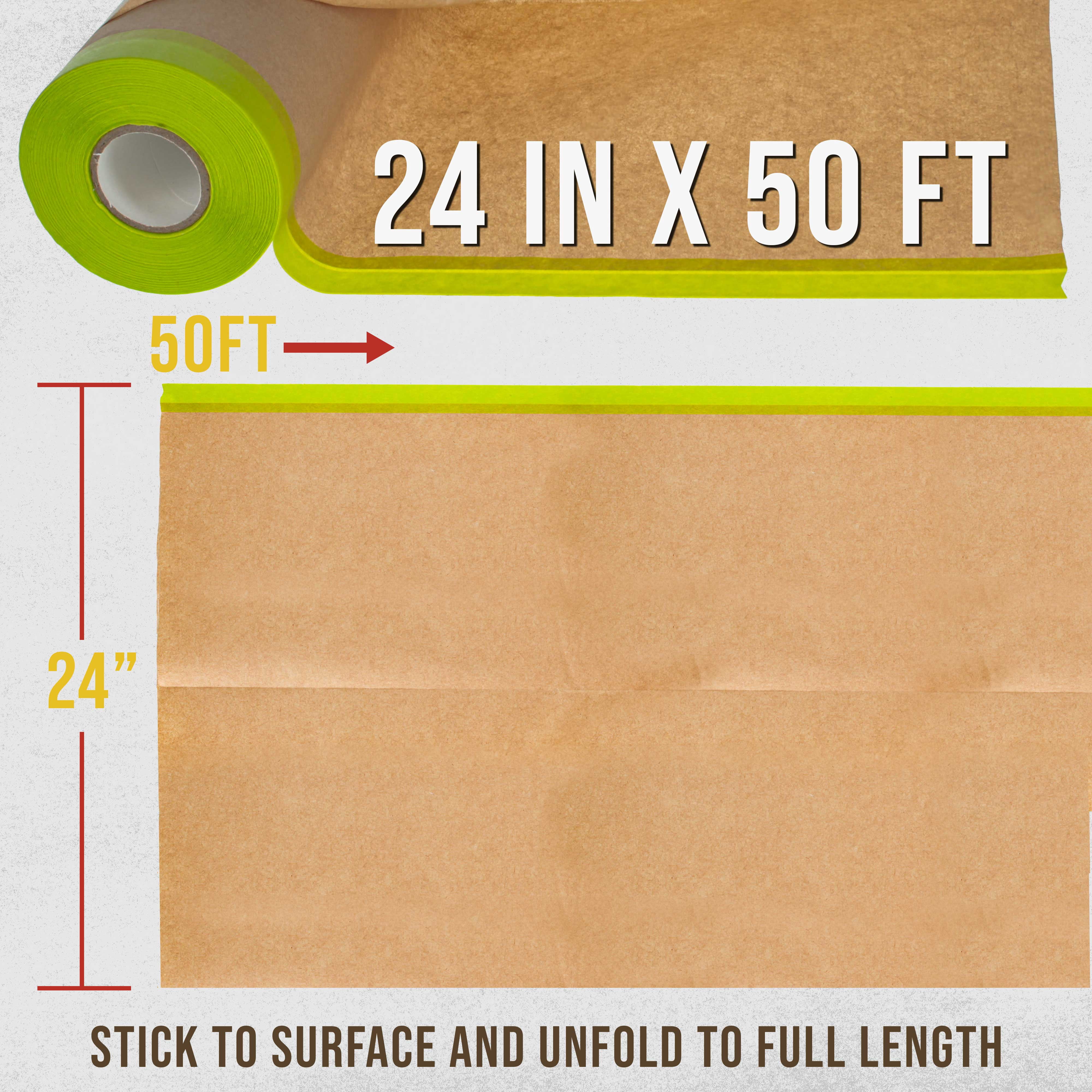 Dura-Gold Pre-Taped Masking Paper for Painting (24" x 50', 2 Rolls) - Tape and Drape Painters Paper, Protective Covering, Overspray Barrier for Home Renovation Projects, Walls Doors, Furniture, Cars