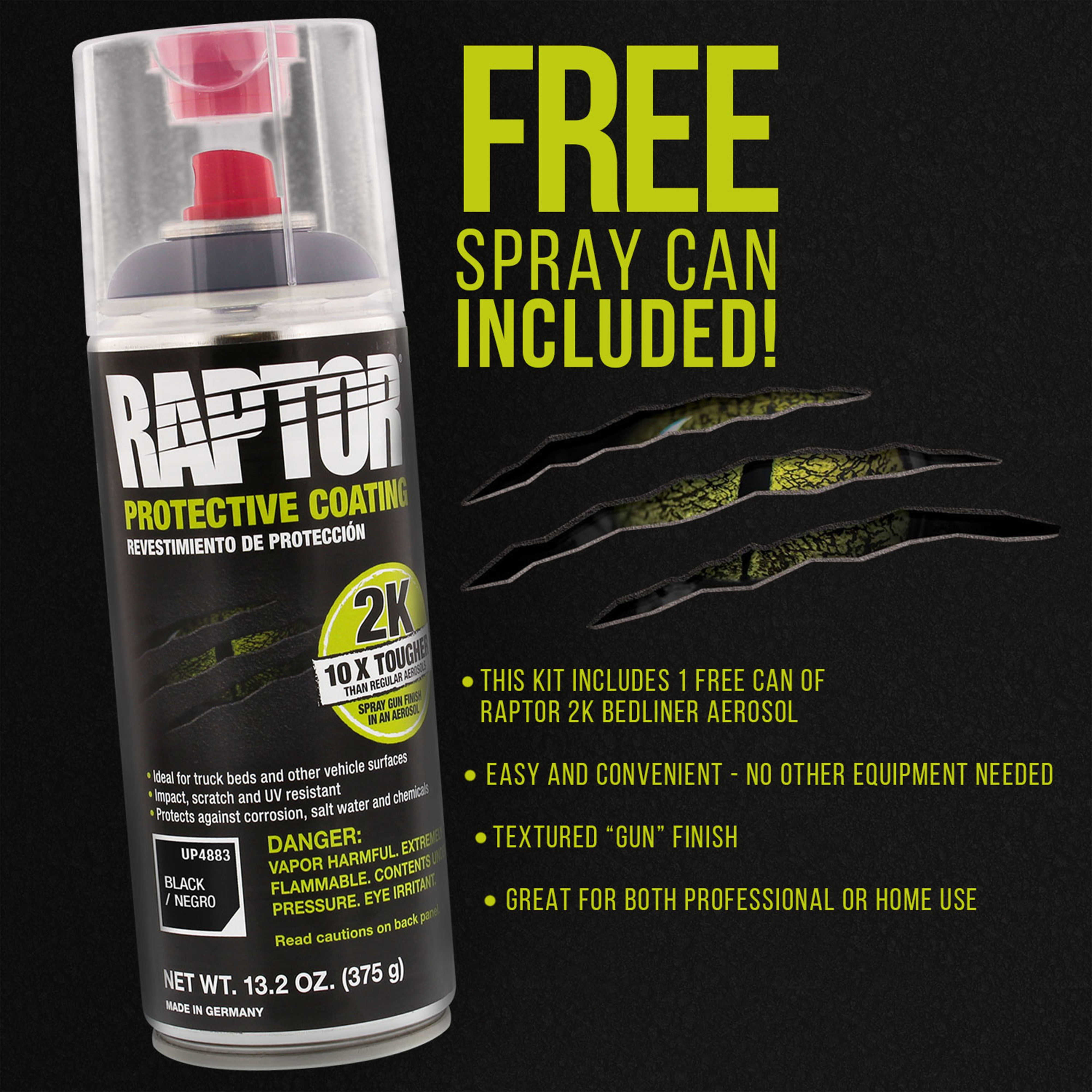 U-Pol Raptor 8 Quart Kit - Black Urethane Spray-On Truck Bed Liner Kit with Custom Coat Spray Gun with Regulator - Bonus 2 Bedliner Aerosol Cans