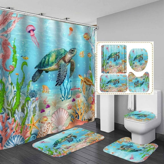 4PCS Blue Teal Sea Turtle Shower Curtain Set, Waterproof Fabric Shower Curtain, Non-Slip Bath Mat Bathroom Rugs, Underwater Ocean Sea Animal Marine Life Beach Nautical Coastal Bathroom Decor