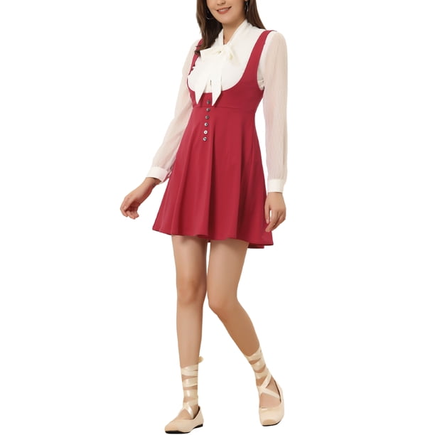 Vestido de tirantes para mujer INSPIRE CHIC, con cuello en U, decoración de botones, dobladillo acampanado, color rojo profundo