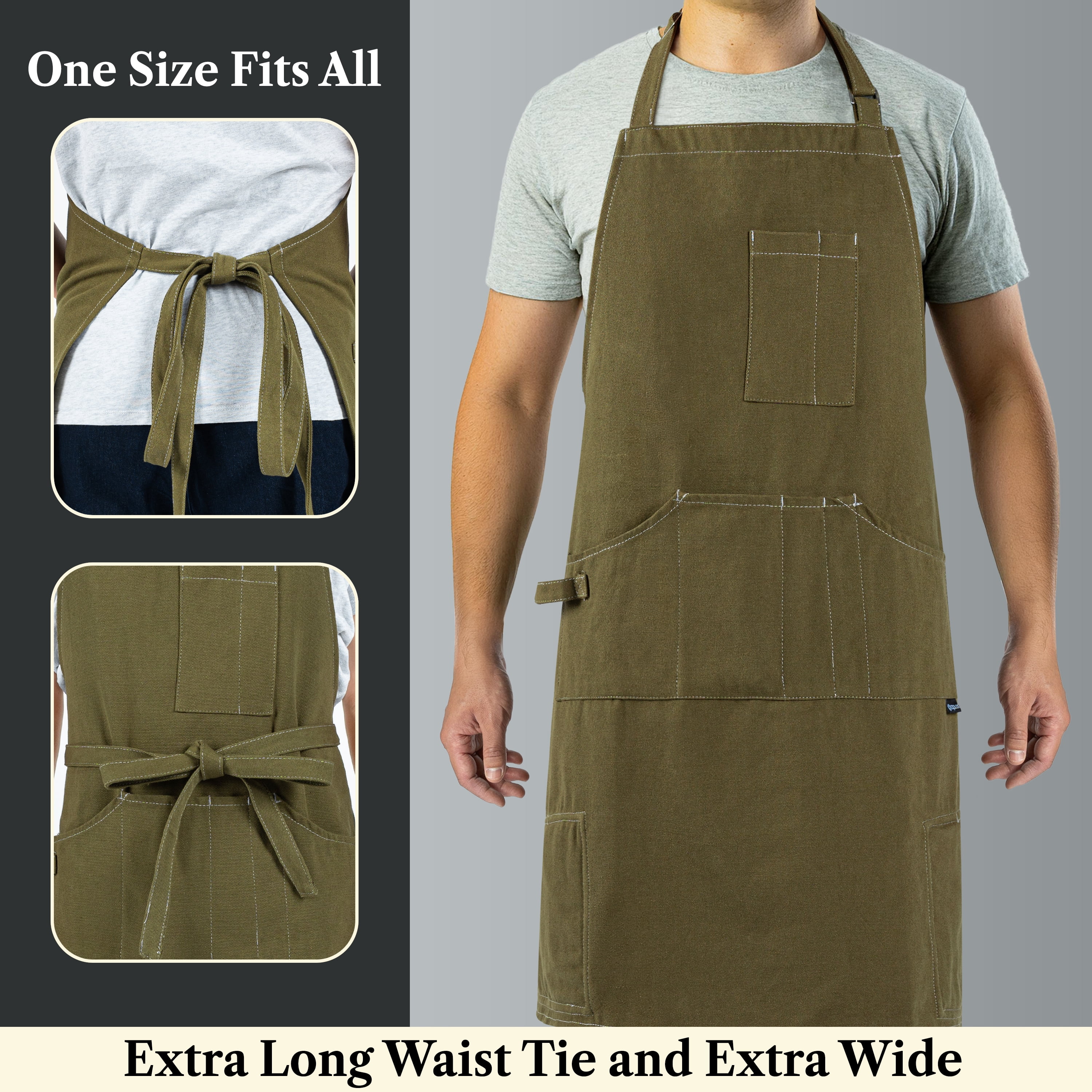 OPUX Chef Apron for Men, Canvas Apron with Pockets for Women, Large BBQ Apron for Kitchen Grilling Baking, Heavy Duty Work Apron with Adjustable Neck Strap for Barber Gardening, Olive