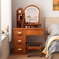 thumbnail image 3 of Plenkra Makeup Vanity Desk with LED Lighted Mirror,Vanity Table Chair Set Dressing Table with 4 Drawers, Stylish Makeup Desk with Opening Shelves and Stool,Multifunctional, 3 of 9