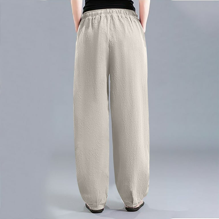 Jalioing Cotton Linen Mid Waist Sweatpants for Women Elastic