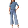 thumbnail image 3 of INSPIRE CHIC Women's Mock Neck Elbow Sleeve Stretchy Slim Fit Casual T-Shirt Gray Blue2 L, 3 of 7