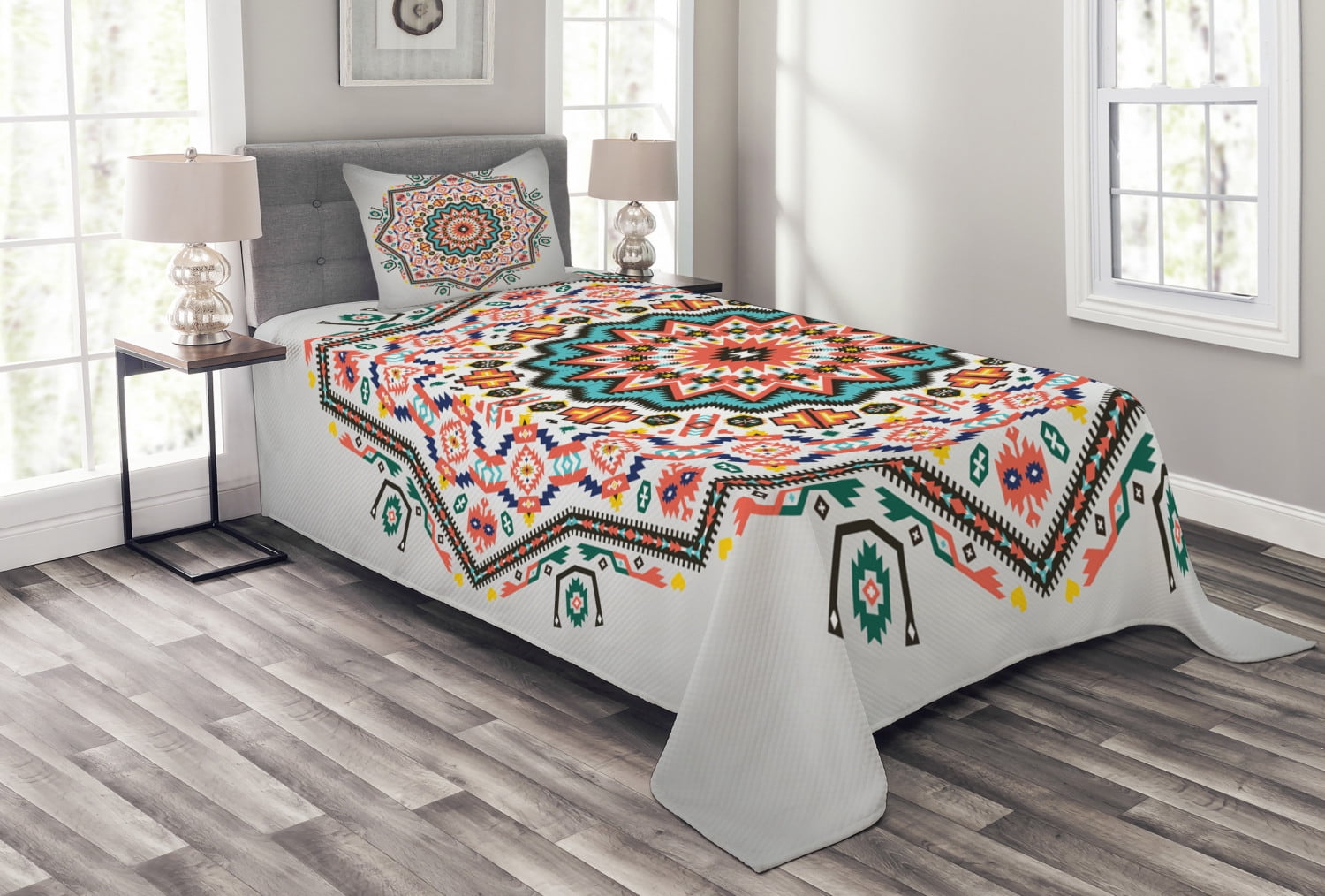 Tribal Bedspread Set Twin Size, Abstract Aztec Style Kaleidoscope