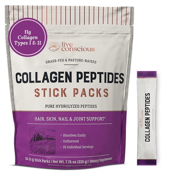 Live Conscious Collagen Peptides Packets with Biotin & Vitamin C - Grass-Fed, Hydrolyzed, Hair Skin Nail & Joint Support for Adults - 20 pack