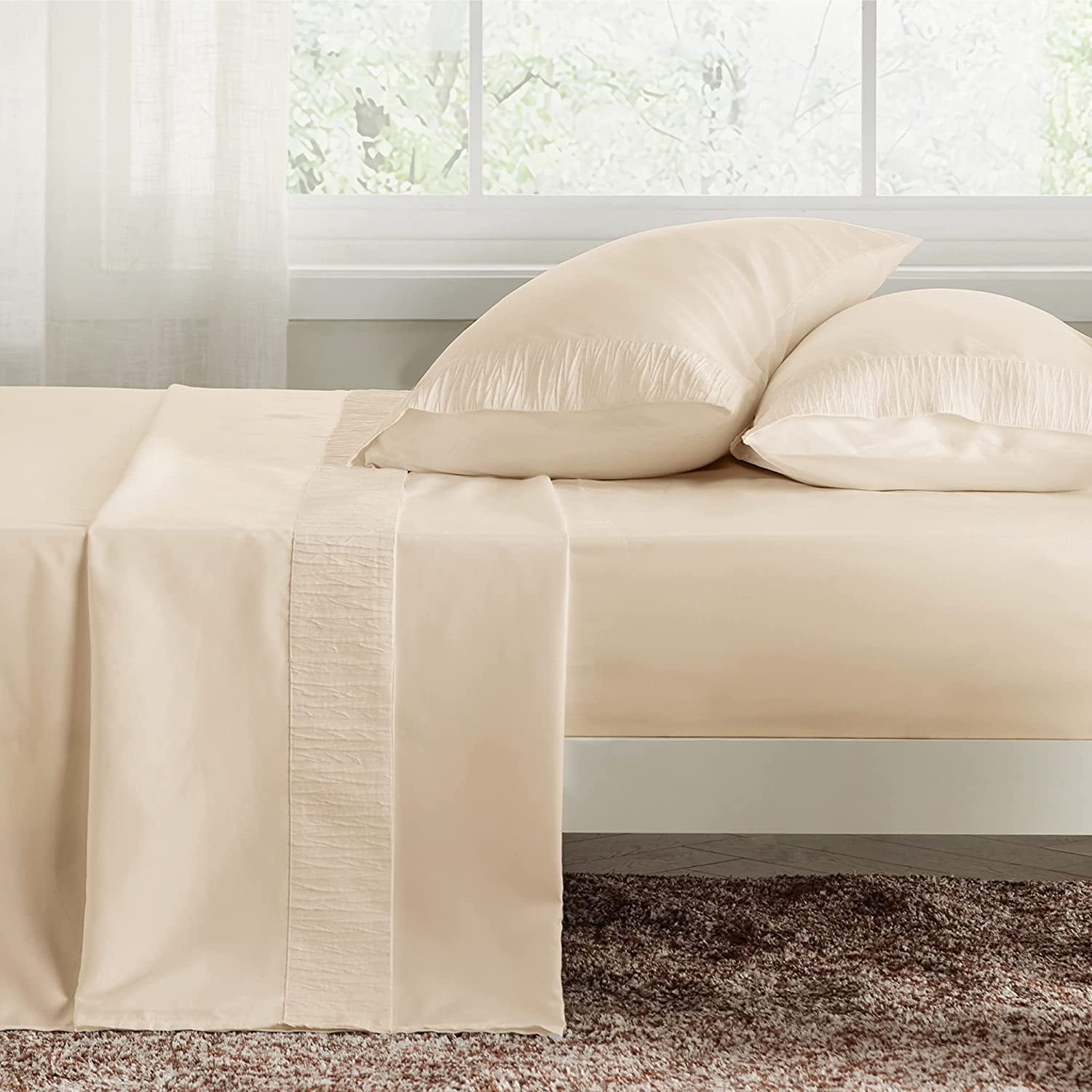 Bedsure 4 Pieces Hotel Luxury Beige Sheets Full，Easy Care Polyester