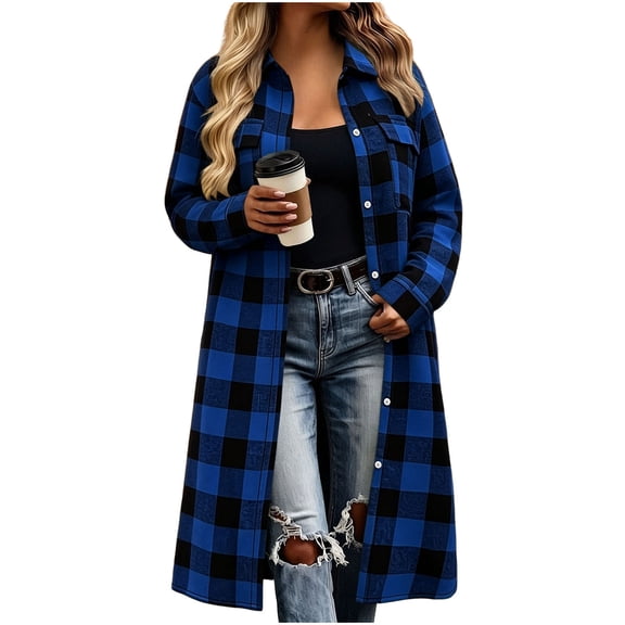 QIYAGBSA Shacket for Women Plaid Longline Button Down Collared Relaxed Fit Casual Fall Jacket (Blue, XL)