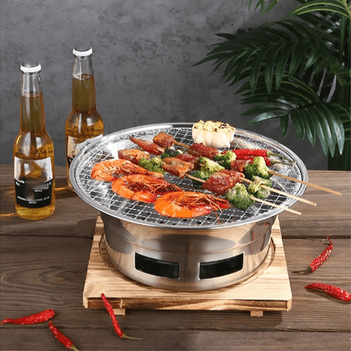 Stainless Steel Smokeless Round Outdoor Barbecue Grill Commercial Barbecue Grill Charcoal Barbecue Grill Silver