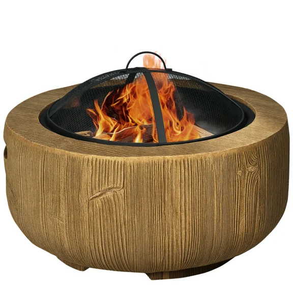 24 Inch Outdoor Wood Burning Fire Pit with Spark Cover & Poker, Light Brown Woodgrain
