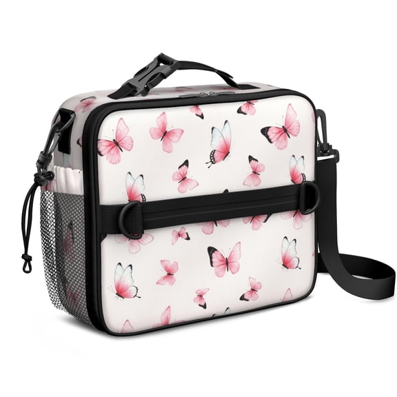 Butterfly and Pink White Pattern Insulated Lunch Bag with Shoulder Strap and Bottle Holder,Bento School Lunch Bag Box,11x9.5x3.5 Inches