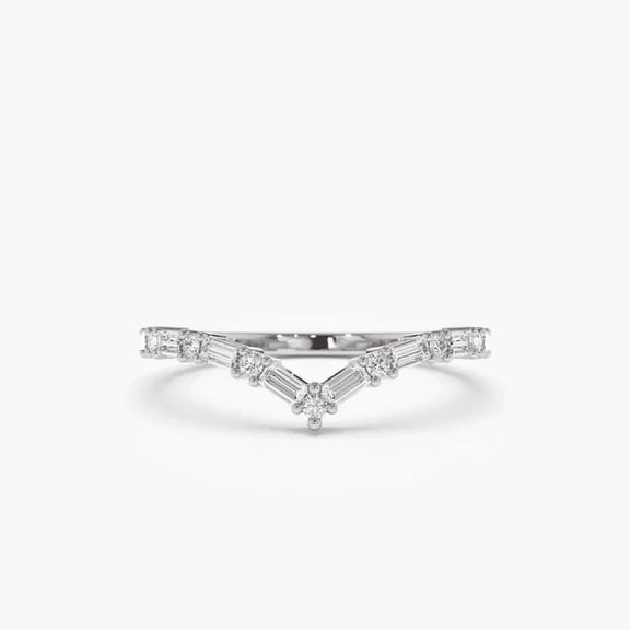 CAUER 14K White Gold Plated Baguette & Round Moissanite Chevron Band Ring for Women – Elegant Statement Jewelry Gift with Certificate & Lifetime Warranty