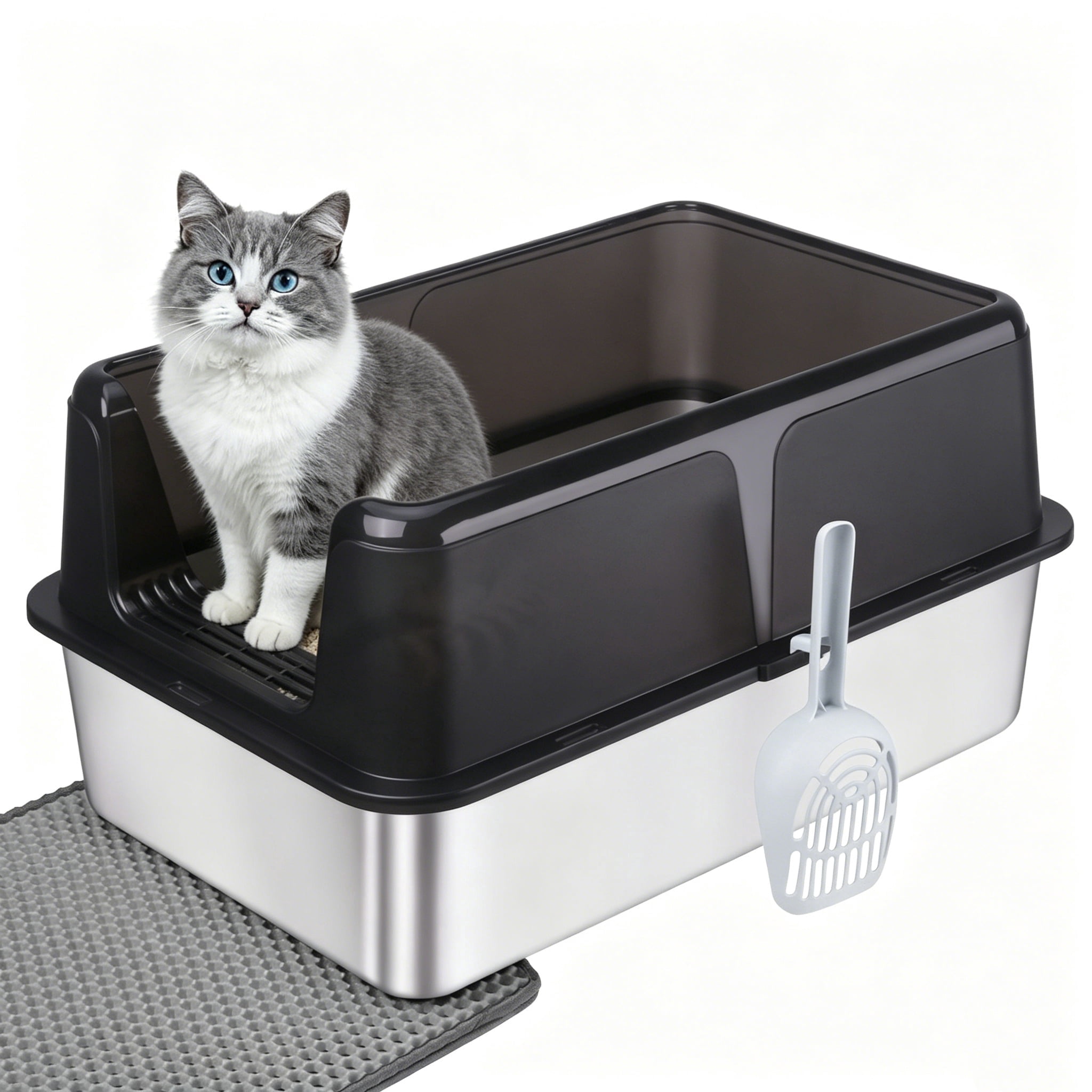 Active Mind Ltd Stainless Steel Cat Litter Box, Extra Large Litter Box, High-Wall Design for Odor Control & Less Tracking, for Various Large Cats, Black