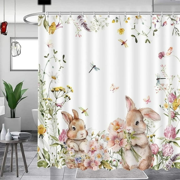 Spring Easter Bunny Shower Curtains, Bathroom Cute Rabbits Floral Plant Watercolor Flower Bath Curtain Set with Hooks, Home Bathroom Bathtubs Decor Washable Durable Fabric, 72"x72"
