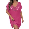 thumbnail image 2 of Antinious Ladies V-Neck Short Sleeve Hand Crochet Neck Splice Solid Coverup Versatile Casual Dress, 2 of 5