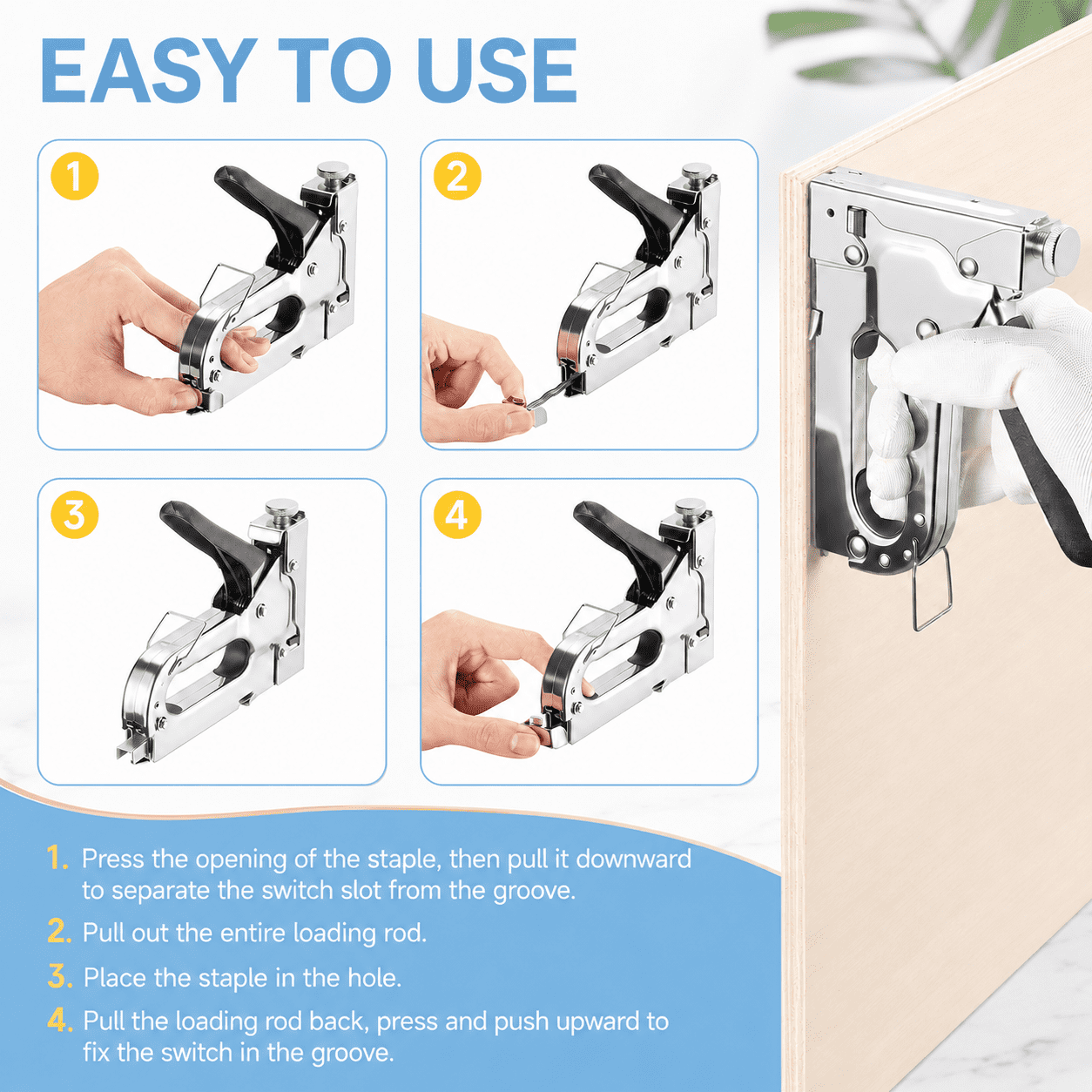 4-in-1 Manual Heavy-Duty Staple Gun with Remover, Includes 4000 Staples for Upholstery, Carpentry, DIY Projects, and Furniture Repair