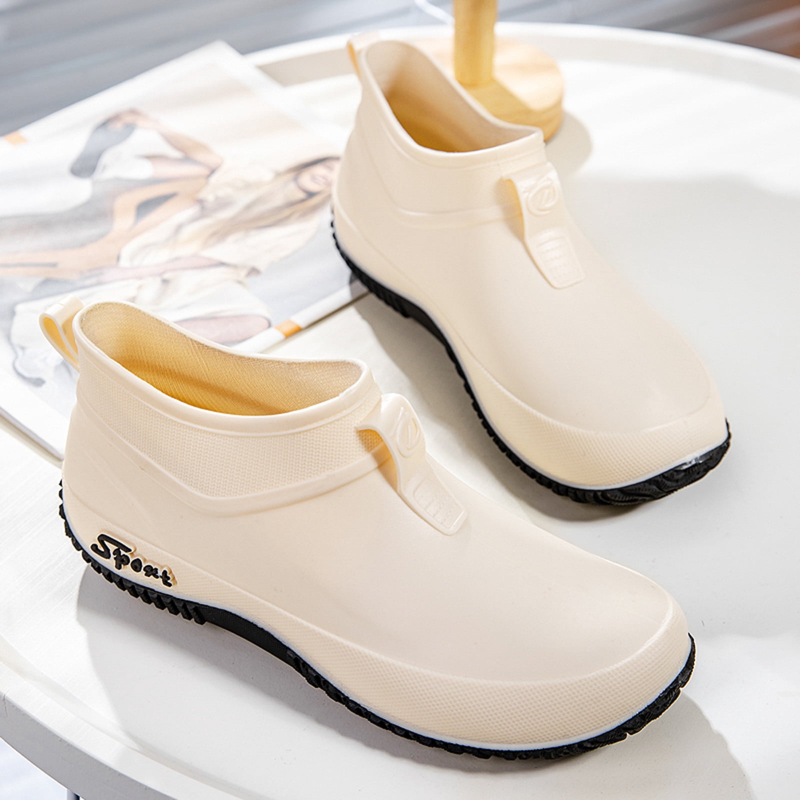 Chenyee Slip On Rubber Rain Boots for Women Non Slip Water-proof Garden Shoes Short Ankle Booties