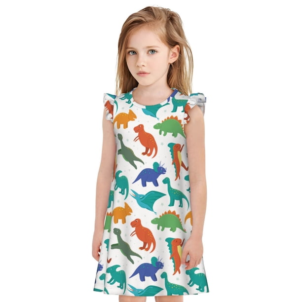 Balery Colorful Dinosaur Camisón de princesa para niñas, pijama de algodón con mangas abullonadas, suave y bonito.-Large