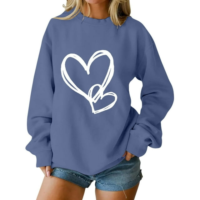 SOMOWI Chandail de la Saint-Valentin pour Femmes, Col Rond Sans Capuche, Manches Longues, Chandail Décontracté, Tricot Doux, Bleu Marine, Graphique, Hauts d'Automne, TG