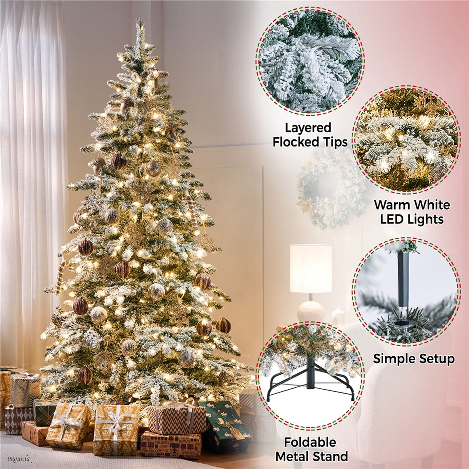 Alden Design 7.5FT Pre-lit Snow Flocked Christmas Tree, Christmas Fir Tree with LED Lights and Foldable Stand, Green & White
