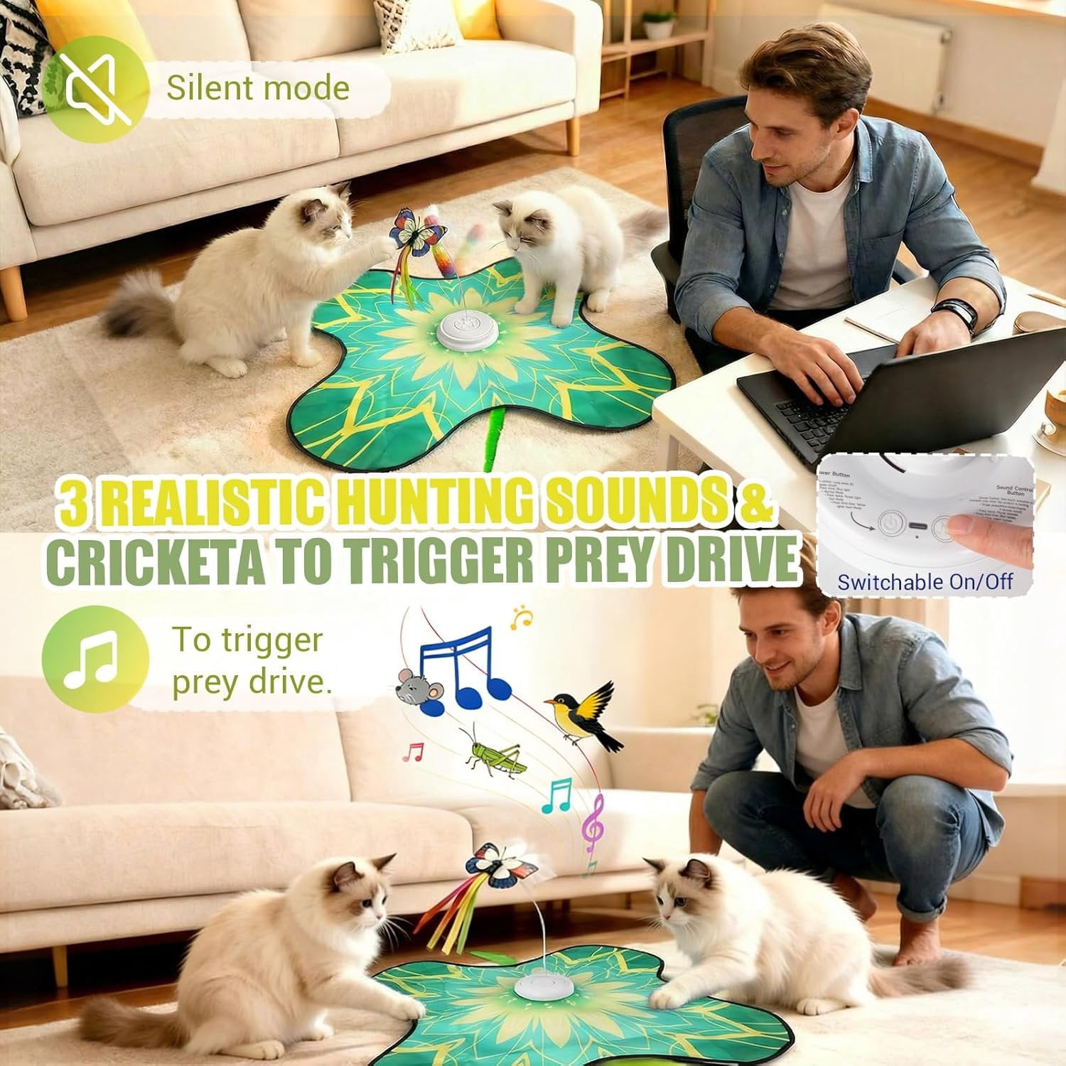 Interactive   for Indoor Cats,  Activated Automatic    with Sound /Off,  Wands, Non-Slip Suction Cups, Rechargeable  and Seek  Play Mat for Bored Adult Kittens
